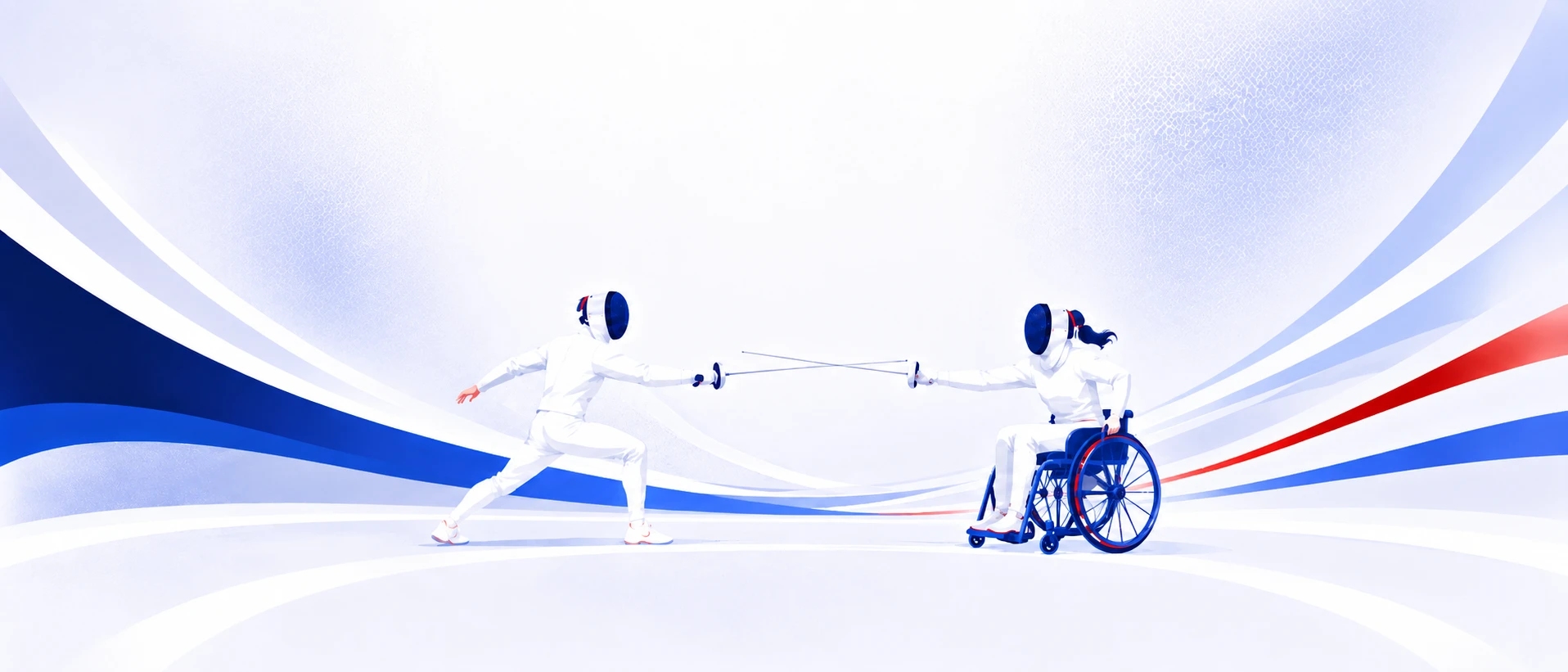 Illustration : un tireur debout face à une tireuse en fauteuil, lames croisées