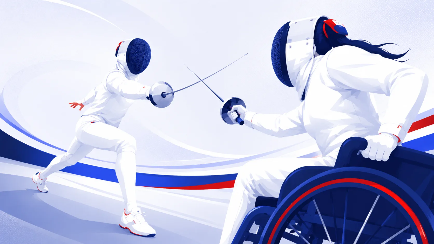 Illustration : assaut entre un tireur debout et une tireuse en fauteuil
